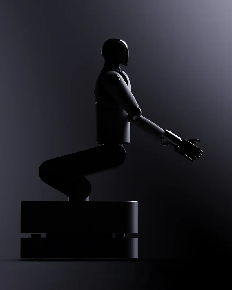 MARK One in silhouette, one arm stretched out, dark studio