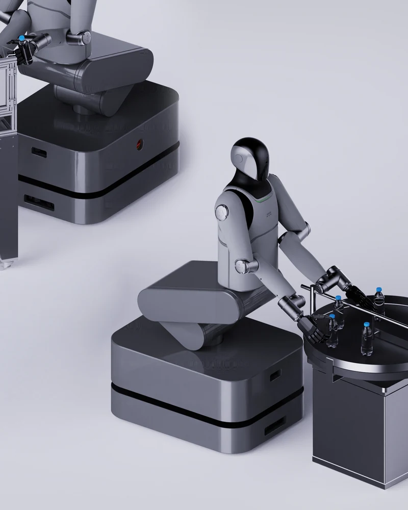 Two MARK One robots working at packaging and bottling machines in a light grey studio