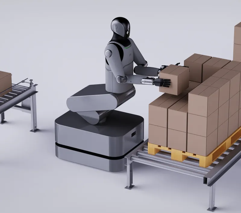 MARK One stacking boxes on a pallet at a roller conveyor