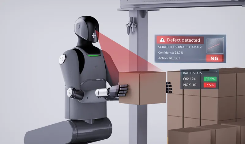 MARK One checking a box, a “defect detected” alert on the screen behind it