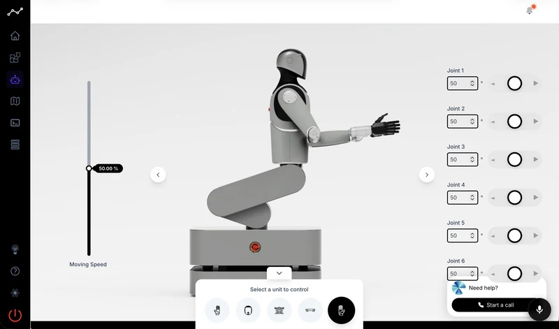 The MARK One interface: joint controls next to a 3D view of the robot