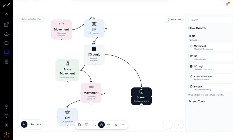 The MARK One interface: a visual flow of movement, lift and logic blocks
