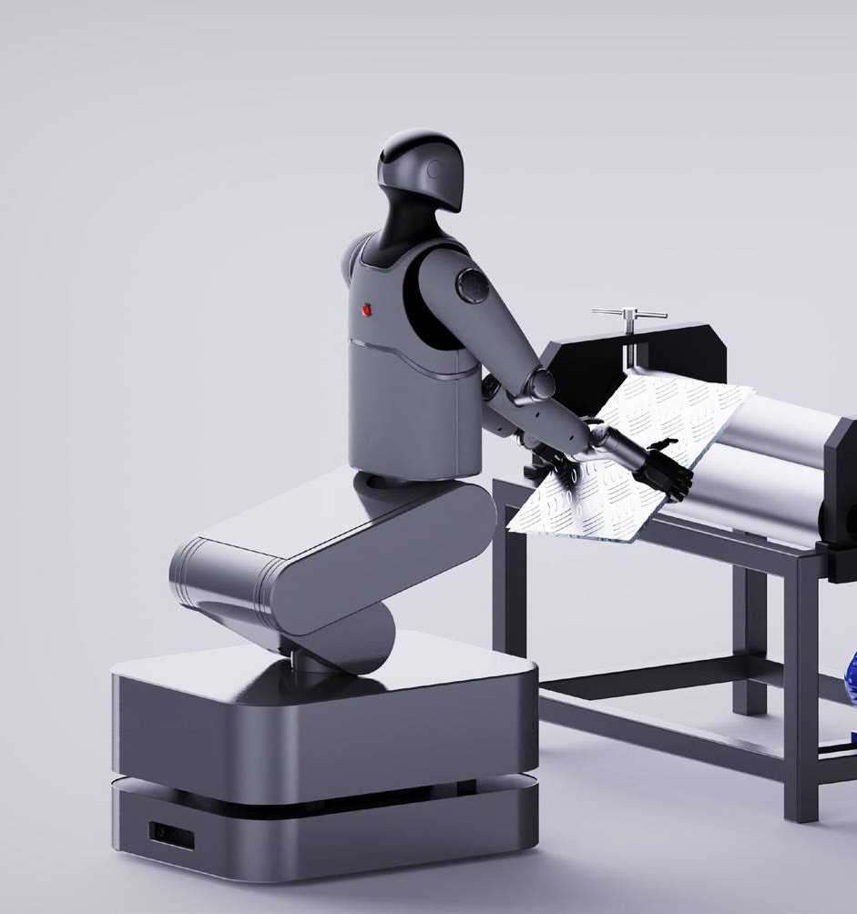 Grey robot working at an industrial desk